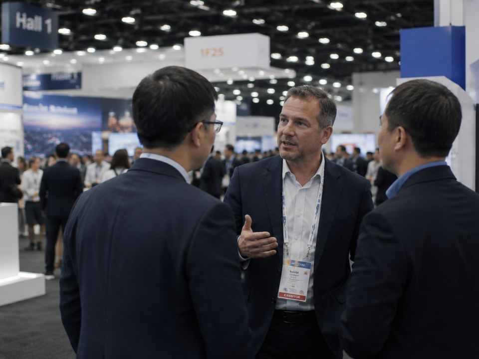 People talking in front of a stand on an exhibition floor